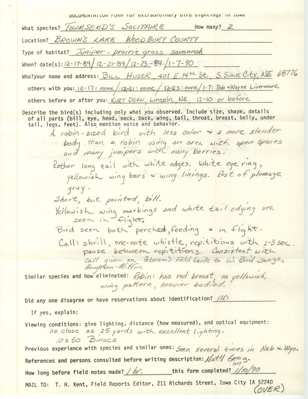 Rare bird documentation form for two Townsend's Solitaires at Brown's Lake in Woodbury County, IA on December 17, 21, 23, 1989, January 7, and January 13, 1990.