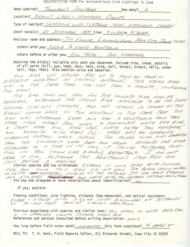 Rare bird documentation form for two Townsend's Solitaires at Browns Lake in Woodbury County, IA on December 27, 1989.