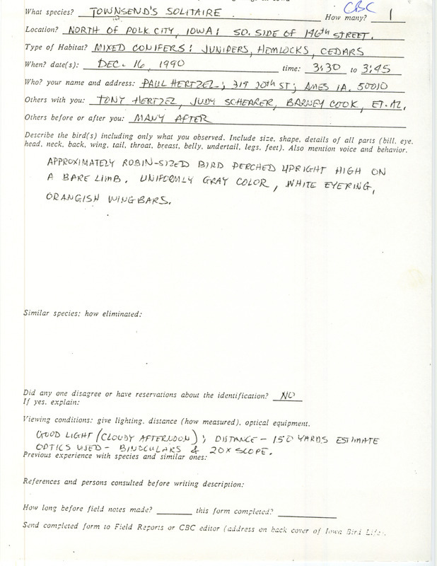 Rare bird documentation form for a Townsend's Solitaire north of Polk City in Polk County, IA on December 16, 1990.