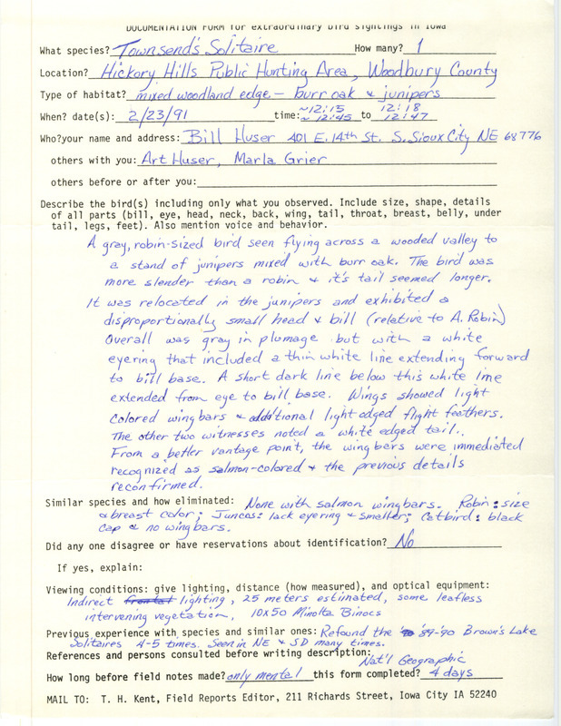 Rare bird documentation form for a Townsend's Solitaire at Shagbark Hills in Woodbury County, IA on February 23, 1991.