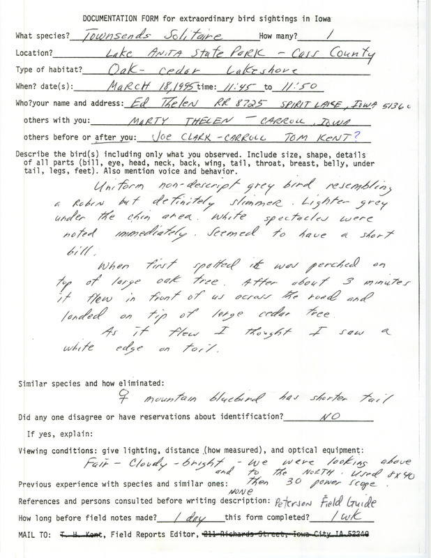 Rare bird documentation form for a Townsend's Solitaire at Lake Anita State Park in Cass County, IA on March 18, 1995.