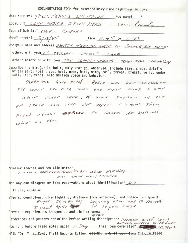 Rare bird documentation form for a Townsend's Solitaire at Lake Anita State Park in Cass County, IA on March 18, 1995.