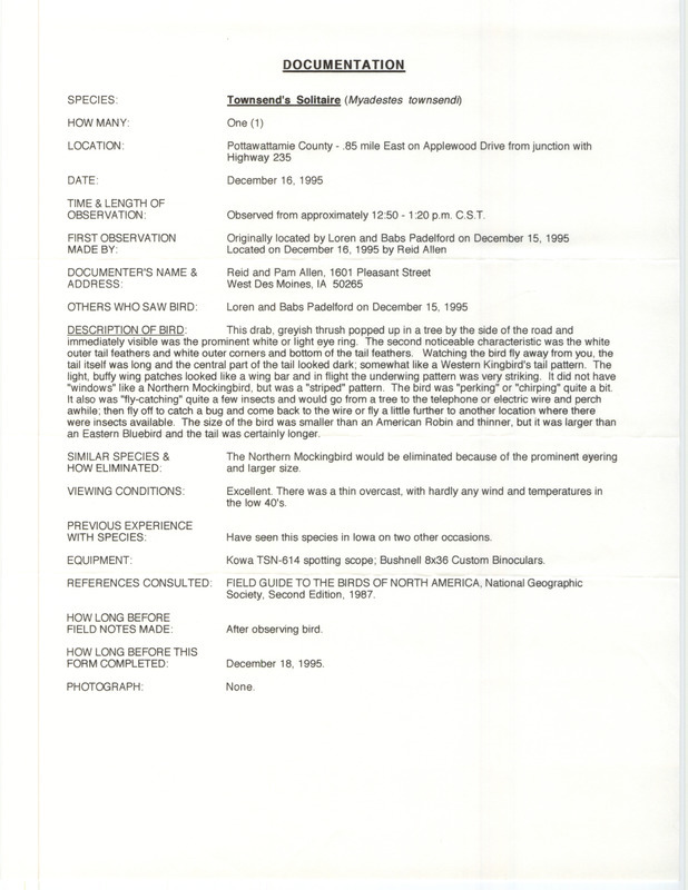 Rare bird documentation form for a Townsend's Solitaire in Pottawattamie County, IA on December 16, 1995.