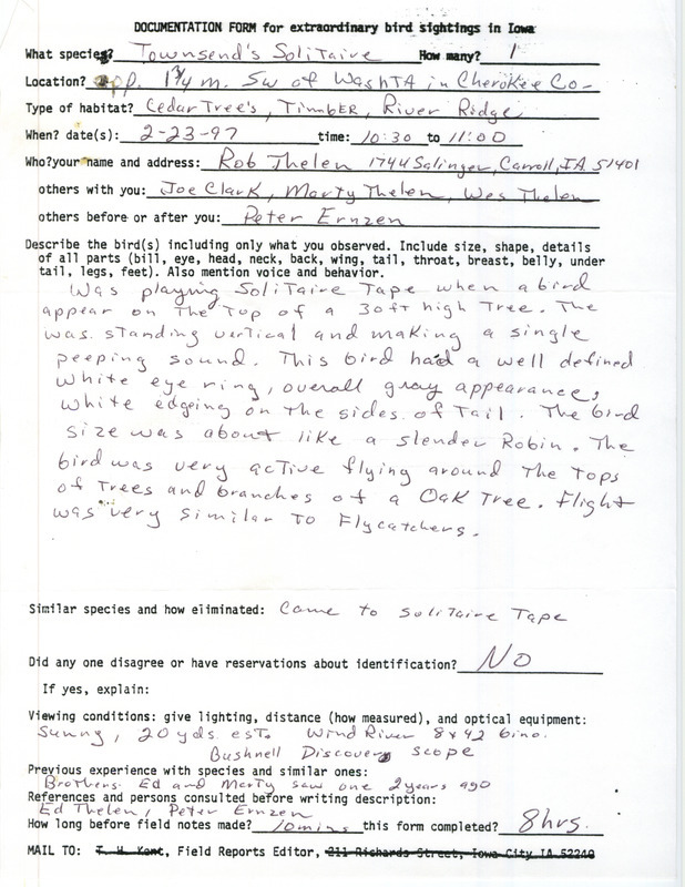 Rare bird documentation form for a Townsend's Solitaire southwest of Washta in Cherokee County, IA on February 23, 1997.