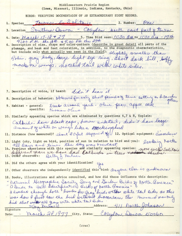 Rare bird documentation form for a Townsend's Solitaire northeast of Corydon in Wayne County, IA on March 17, 18, and 27, 1977.