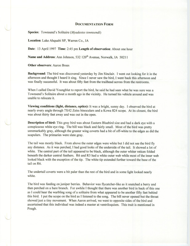 Rare bird documentation form for a Townsend's Solitaire at Lake Ahquabi State Park in Warren County, IA on April 13, 1997.