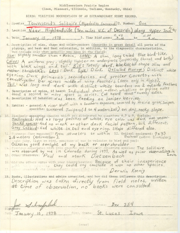 Rare bird documentation form for a Townsend's Solitaire near Highlandville in Winneshiek County, IA on January 15, 1978.