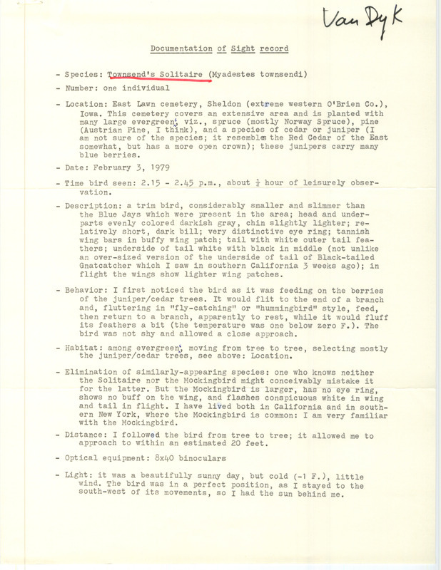 Rare bird documentation form for a Townsend's Solitaire at East Lawn Cemetery in Sheldon in O'Brien County, IA on February 3, 1979.