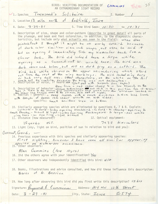 Rare bird documentation form for a Townsend's Solitaire north of Redfield in Dallas County, IA on March 29, 1981.