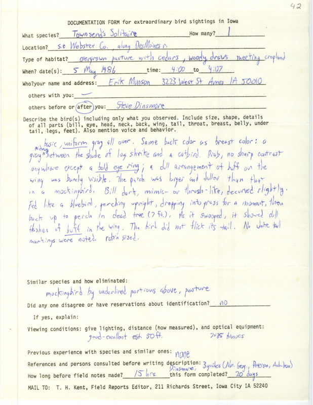 Rare bird documentation form for a Townsend's Solitaire at southeastern Webster County, IA on May 5, 1986.