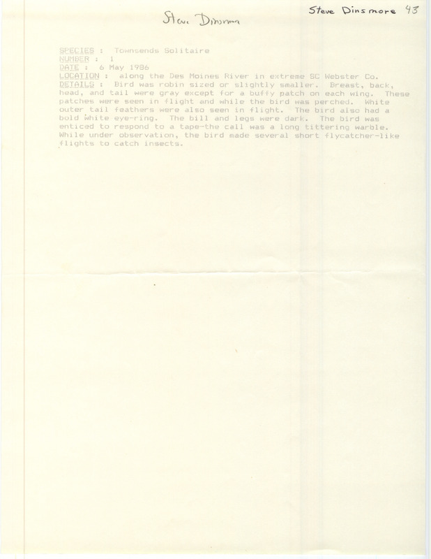 Rare bird documentation form for a Townsend's Solitaire in south-central Webster County, IA on May 6, 1986.