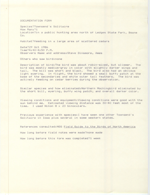 Rare bird documentation form for a Townsend's Solitaire north of Ledges State Park in Boone County, IA on October 29, 1986.