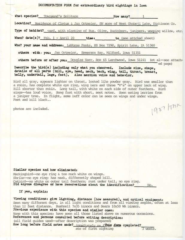 Rare bird documentation form for a Townsend's Solitaire at West Okoboji Lake in Dickinson County, IA from February 1 to April 20, 1987.