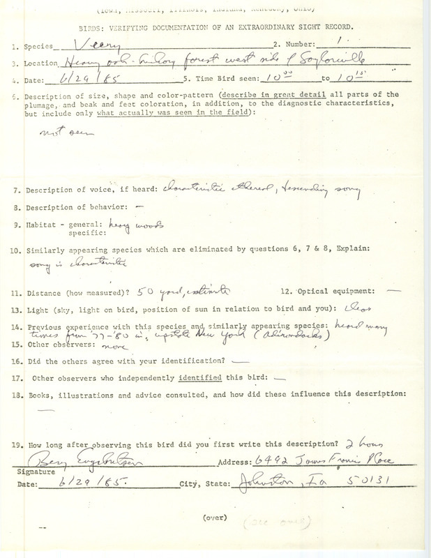 Rare bird documentation form for a Veery in a oak-hickory forest on the west side of Saylorville Lake in Polk County, IA on June 29, 1985.