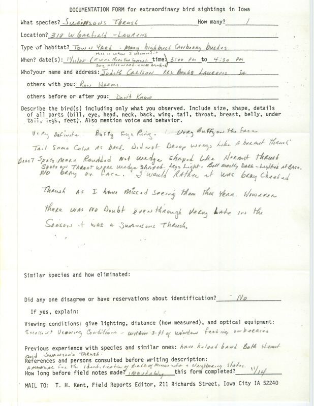 Rare bird documentation form for a Swainson's Thrush at Laurens in Pocahontas County, IA on November 11, 1985.