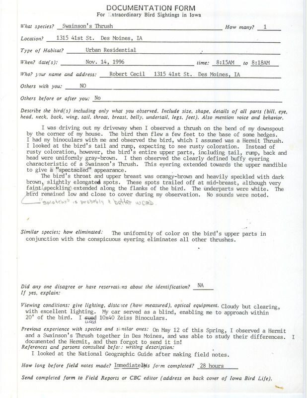 Rare bird documentation form for a Swainson's Thrush at Des Moines in Polk County, IA on November 14, 1996.