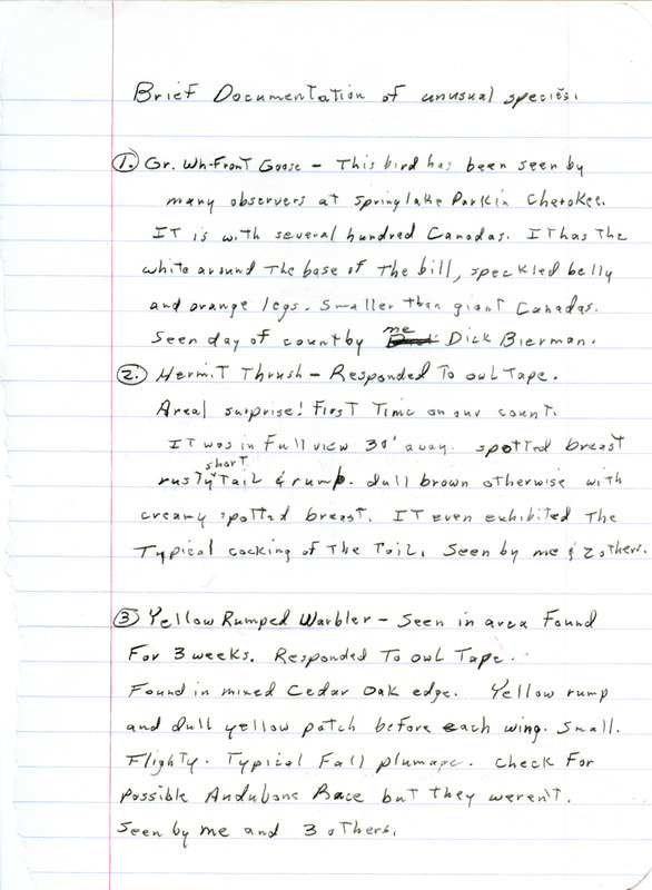 Field notes by Dick Bierman describing the sighting of a Hermit Thrush, a Great White-fronted Goose, and a Yellow-rumped Warbler.