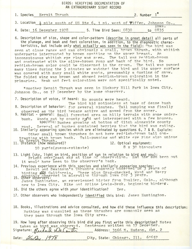 Rare bird documentation form for a Hermit Thrush near Tiffin in Johnson County, IA on December 16, 1978.