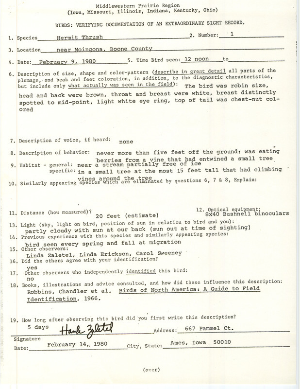 Rare bird documentation form for a Hermit Thrush near Moingona in Boone County, IA on February 9, 1980.