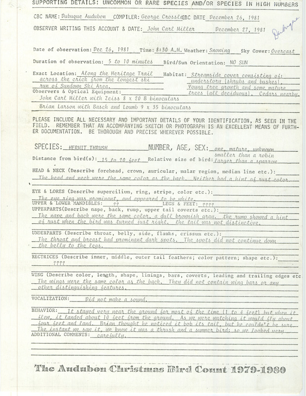 Rare bird documentation form for a Hermit Thrush Sundown Ski Area near Asbury in Dubuque County, IA on December 26, 1981.