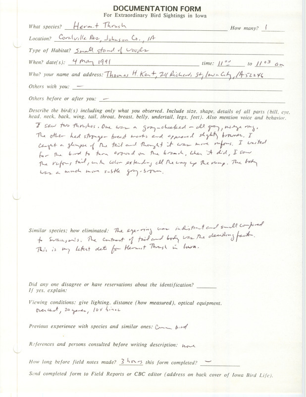 Rare bird documentation form for a Hermit Thrush at Coralville Reservoir in Johnson County, IA on May 4, 1991.