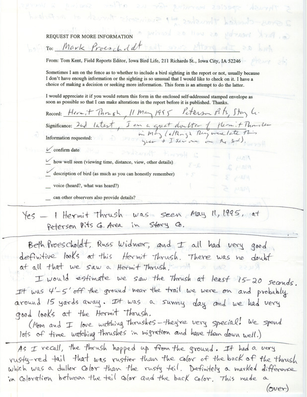 Rare bird documentation form for a Hermit Thrush at Peterson Pits Recreation Area in Story County, IA on May 11, 1995. The document also contains information about other Hermit Thrush sightings in May that year.