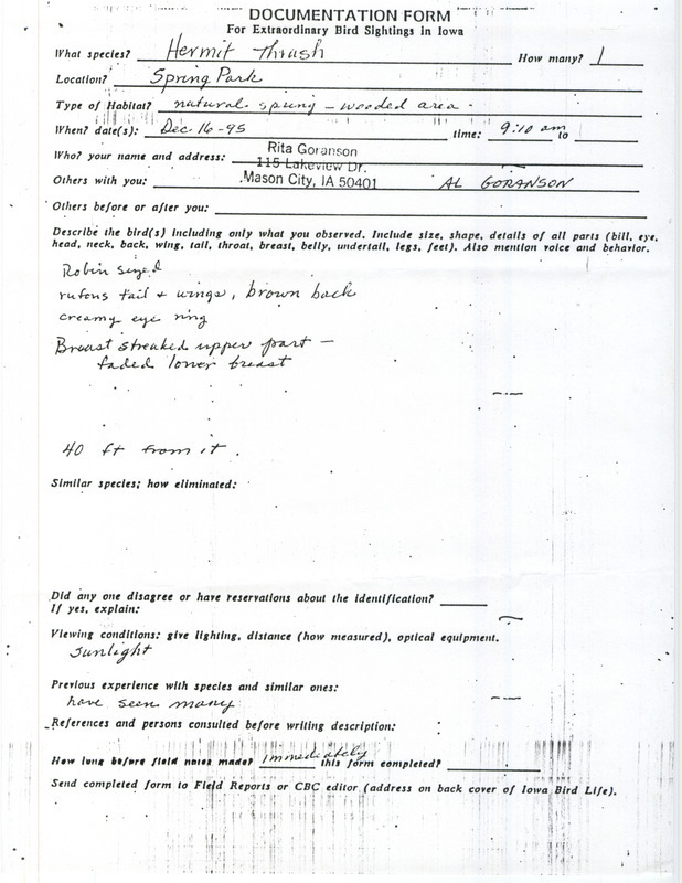 Rare bird documentation form for a Hermit Thrush at Osage Spring Park in Mitchell County, IA on December 16, 1995.