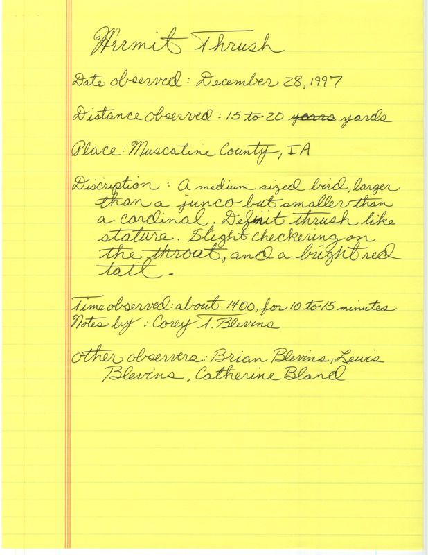 Rare bird documentation form for a Hermit Thrush at Muscatine County, IA on December 28, 1997.