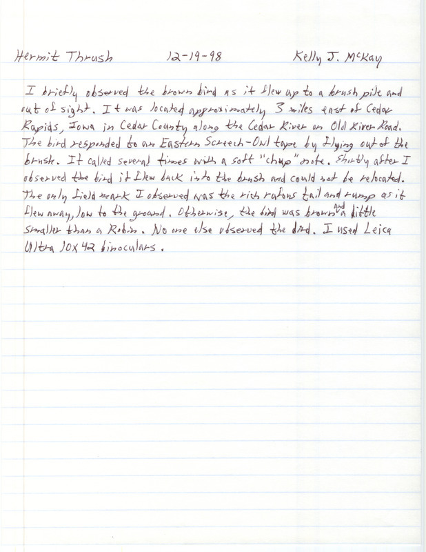 Field notes describing the observation of a Hermit Thrush east of Cedar Rapids in Linn County, IA on December 19, 1998.