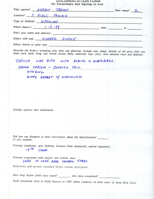 Rare bird documentation form for two Hermit Thrushes at Five Ridge Prairie State Preserve in Plymouth County, IA on January 3, 1999.