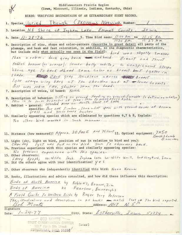 Rare bird documentation form for a Varied Thrush at the northeast shore of Ingham Lake in Emmet County, IA on November 28, 1976.