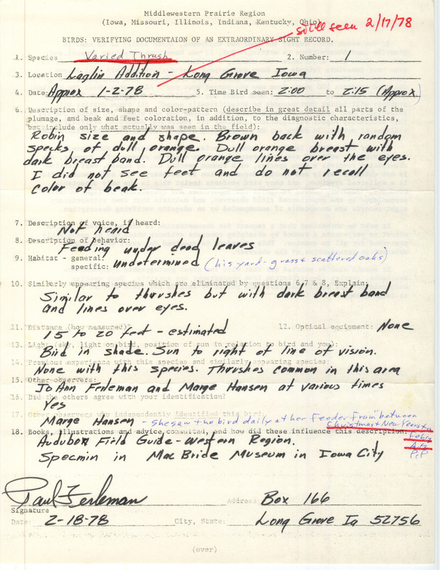 Rare bird documentation form for a Varied Thrush at the Laglin addition of Long Grove in Scott County, IA on approximately January 2, 1978.