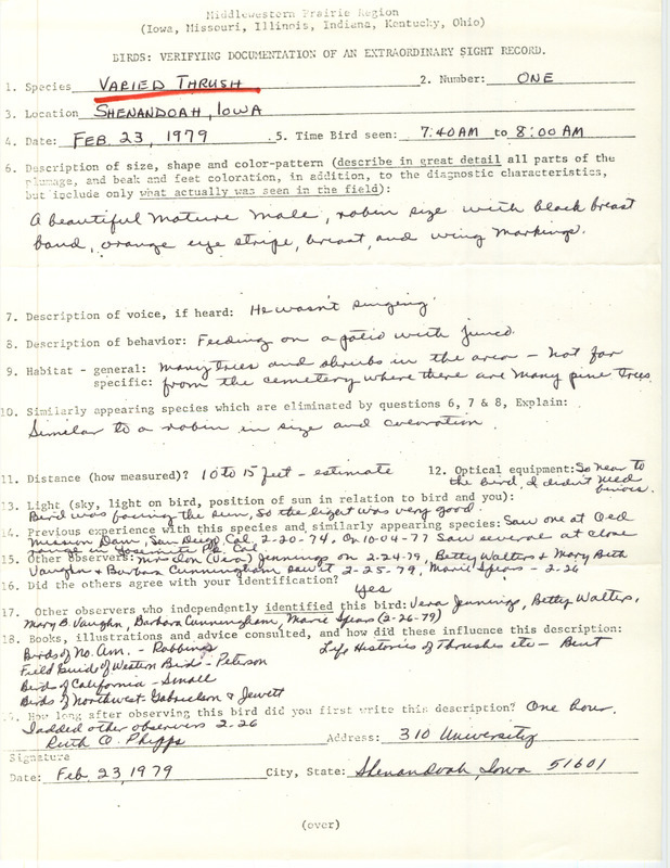 Rare bird documentation form for a Varied Thrush at Shenandoah in Page County, IA on February 23, 1979.