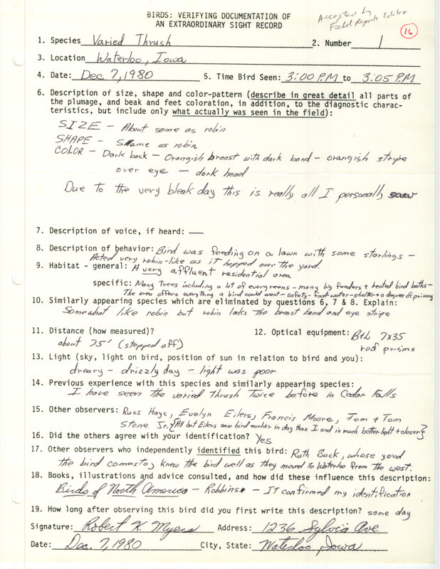 Rare bird documentation form for a Varied Thrush at Waterloo in Black Hawk County, IA on December 7, 1980.