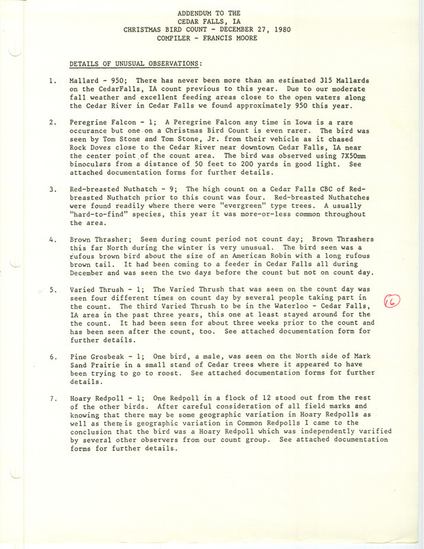 Christmas Bird County addendum featuring a Varied Thrush in the Cedar Falls area in Black Hawk County, IA on December 27, 1980. Also includes details about bird sightings of the Peregrine Falcon, Mallard, Brown Thrasher, Red-breasted Nuthatch, Pine Grosbeak, and Hoary Redpoll.