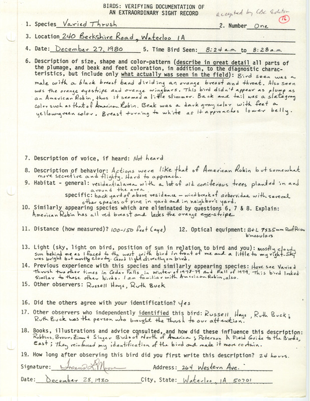 Rare bird documentation form for a Varied Thrush at Waterloo in Black Hawk County, IA on December 27, 1980.