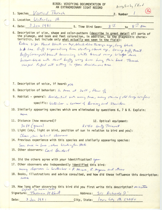 Rare bird documentation form for a Varied Thrush at Waterloo in Black Hawk County, IA on January 3, 1981.