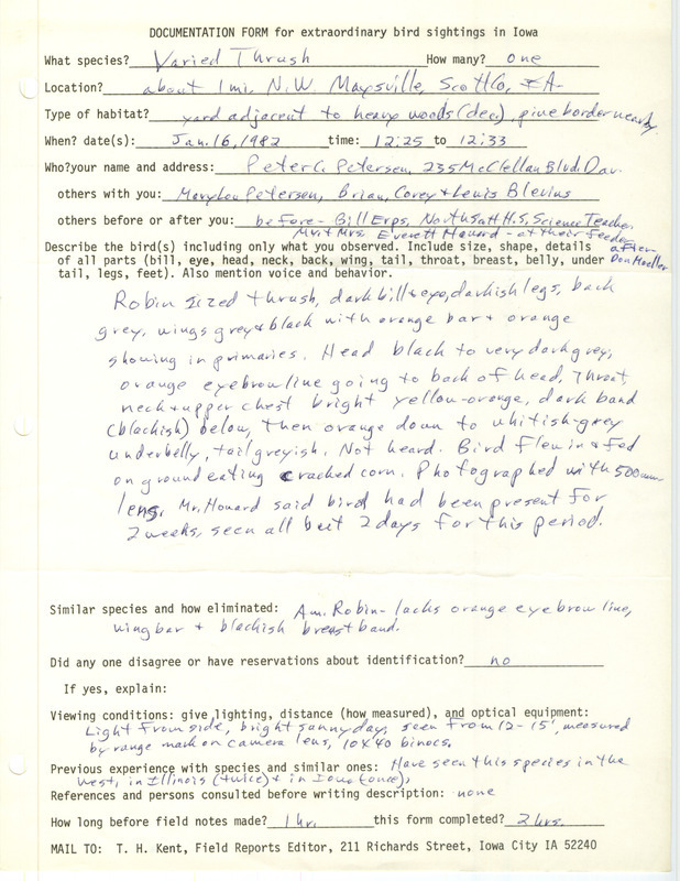 Rare bird documentation form for a Varied Thrush northwest of Maysville in Scott County, IA on January 16, 1982.