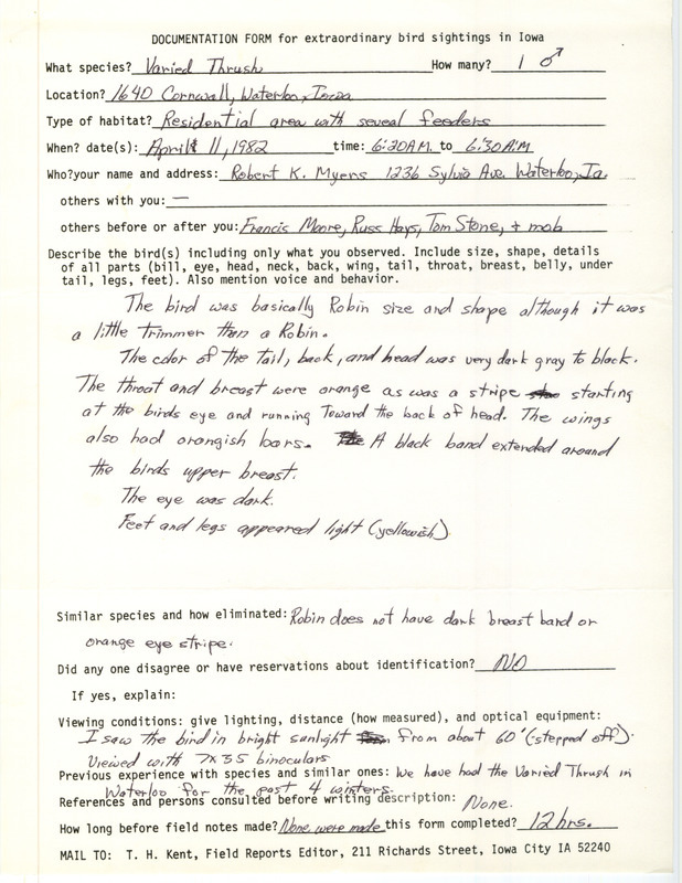 Rare bird documentation form for a Varied Thrush at Waterloo in Black Hawk County, IA on April 11, 1982.