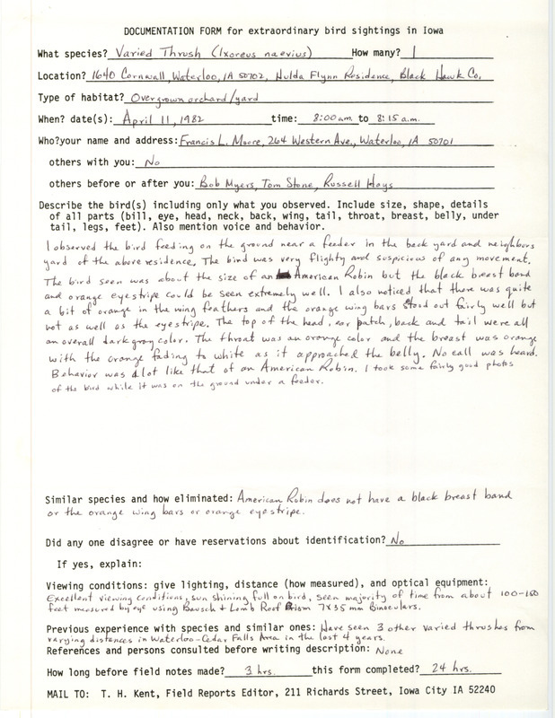 Rare bird documentation form for a Varied Thrush at Waterloo in Black Hawk County, IA on April 11, 1982.