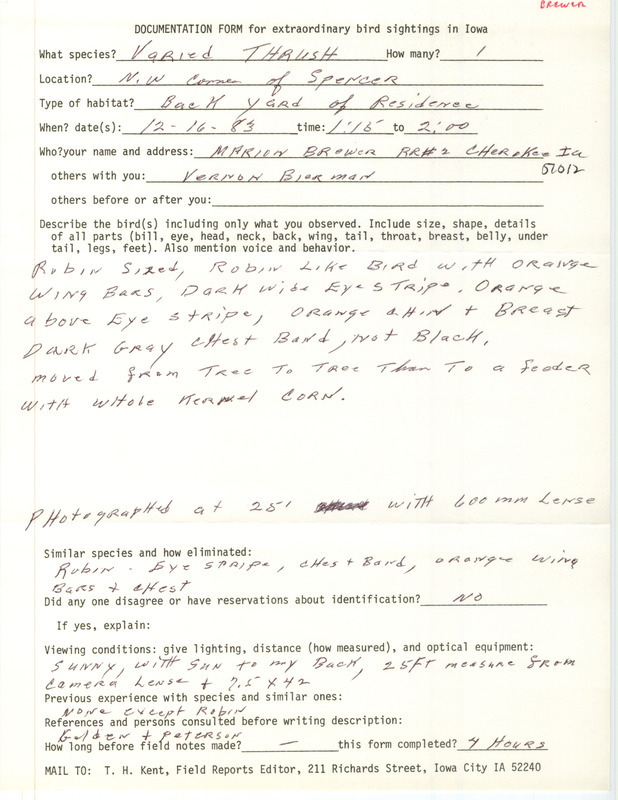 Rare bird documentation form for a Varied Thrush northwest of Spencer in Clay County, IA on December 16, 1983.