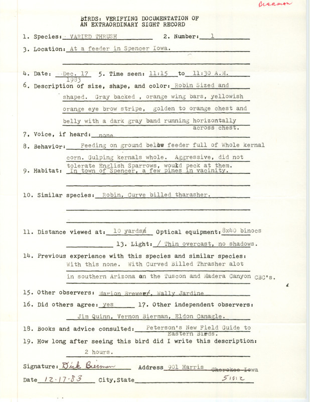 Rare bird documentation form for a Varied Thrush at Spencer in Clay County, IA on December 17, 1983.