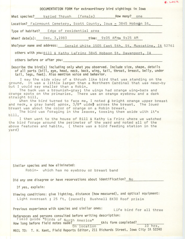 Rare bird documentation form for a Varied Thrush at Fairmount Cemetery in Davenport in Scott County, IA on December 3, 1983.