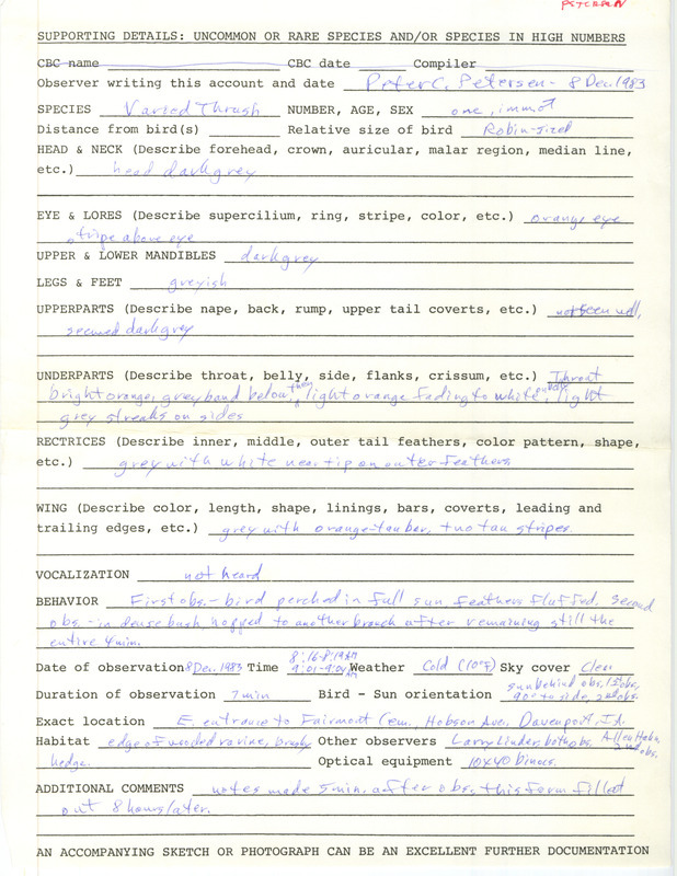 Rare bird documentation form for a Varied Thrush at Fairmount Cemetery in Davenport in Scott County, IA on December 8, 1983.