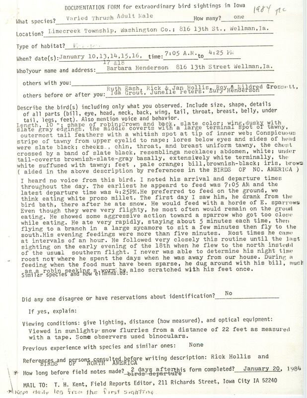 Rare bird documentation form for a Varied Thrush at Lime Creek Township in Washington County, IA on January 10, 13, 14, 15, 16, 17, and 18, 1984.