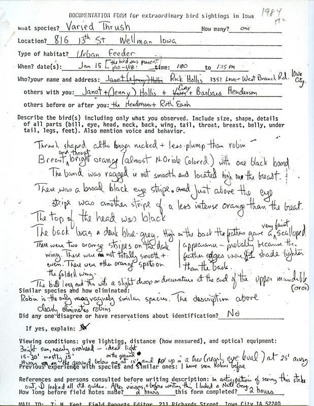 Rare bird documentation form for a Varied Thrush at Wellman in Washington County, IA on January 15, 1984.