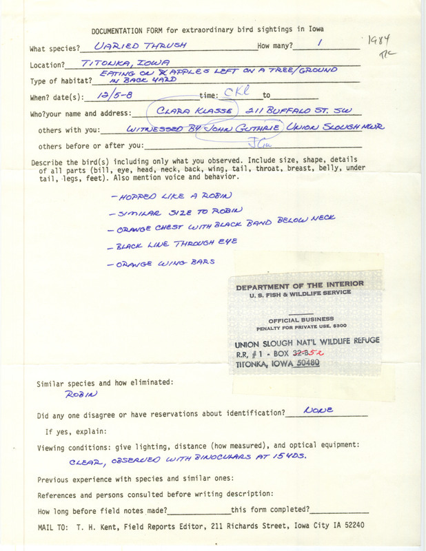 Rare bird documentation form for a Varied Thrush at Titonka in Kossuth County, IA on December 5 to 8, 1984.