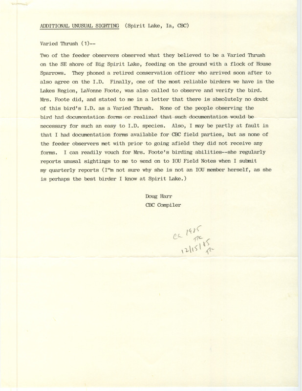 Rare bird documentation for a Varied Thrush at the southeastern shore of Spirit Lake in Dickinson County, IA during a Christmas Bird County on December 15, 1985.