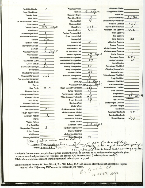 Christmas bird County form listing the number of birds seen in the Spirit Lake area on December 15, 1984. Additional sighting details include for a Varied Thrush and three Trumpeter Swans.