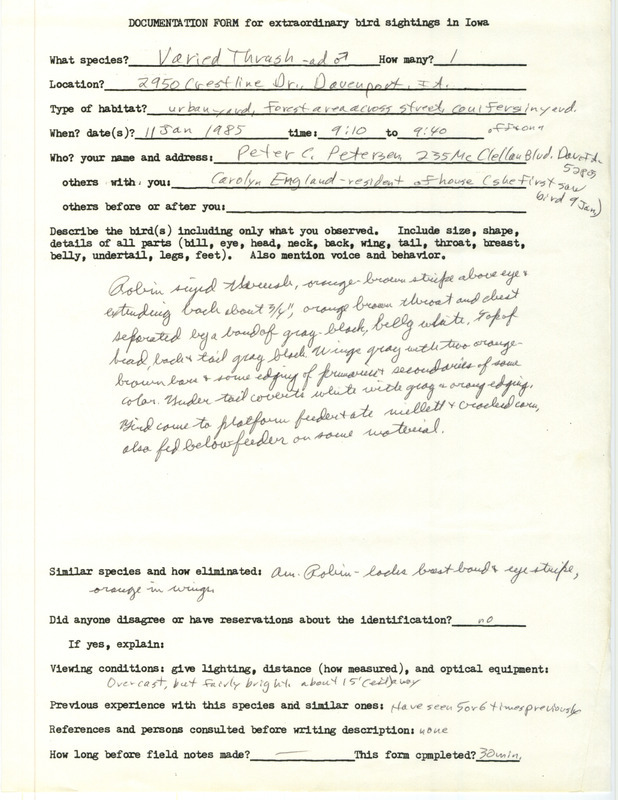 Rare bird documentation form for a Varied Thrush at Davenport in Scott County, IA on January 11, 1985.